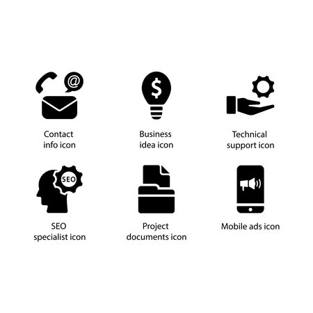 Contact info, Business idea, Technical support, SEO specialist, Project documents, Mobile ads, iconのイラスト素材