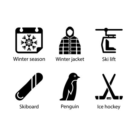Winter season, Winter jacket, Ski lift, Skyboard, Penguin, Ice hockey, iconのイラスト素材