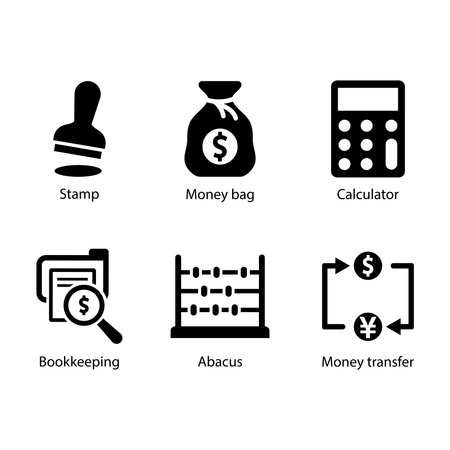 Stamp, Money bag, Calculator, Bookkeeping, Abacus, Money Transfer, iconのイラスト素材