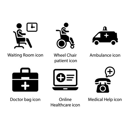 Waiting Room, Wheel Chair patient, Ambulance, Doctor bag, Online Healthcare, Medical Help, iconのイラスト素材