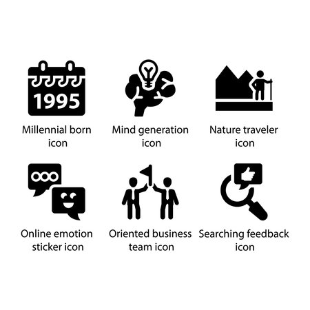 Millennial born, Mind generation, Nature traveller, Emotion sticker, Business team, Searching feedback, iconのイラスト素材