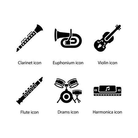 Clarinet, Euphonium, Violin, Flute, Drams, Harmonica, iconのイラスト素材