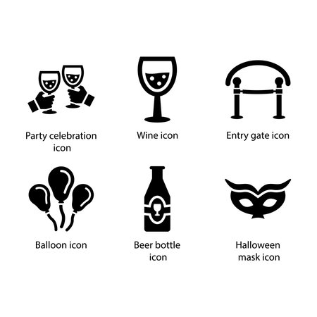 Party celebration, Wine, Entry gate, Balloon, Beer bottle, Halloween mask, iconのイラスト素材