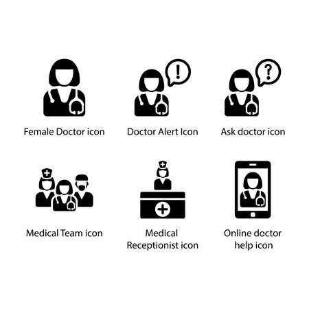 Female Doctor, Ask doctor, Medical Team, Medical Receptionist, Online doctor help, doctor alert, iconのイラスト素材