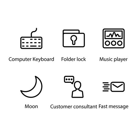 Computer Keyboard, Folder lock, Music player, Moon, Customer consultant, Fast message, Iconのイラスト素材