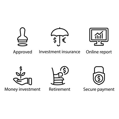 Approved, Investment insurance, Online report, Money investment, Retirement, Secure payment, iconのイラスト素材