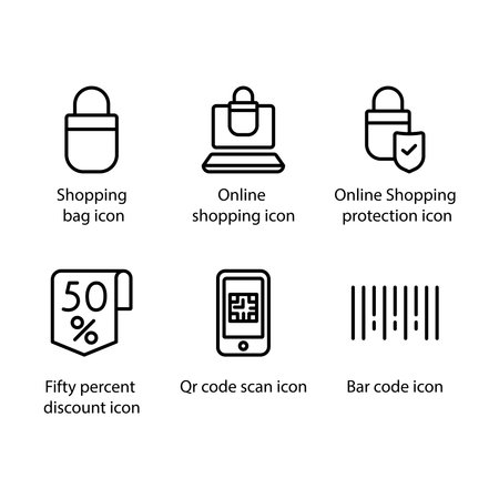 Shopping bag, Online shopping, Shopping protection, 50% discount, Qr code scan, Bar code, iconのイラスト素材