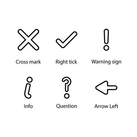 Cross mark, Right tick, Warning sign, Info, Question Support, Arrow Left, Iconのイラスト素材