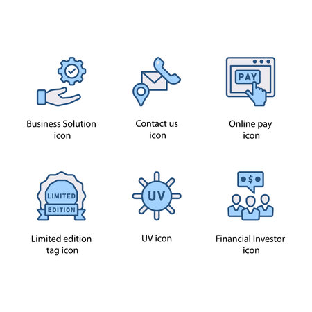 Business Solution, Contact us, Online pay, Limited edition tag, UV, Financial Investor, iconのイラスト素材