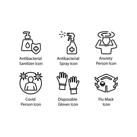 Antibacterial Sanitizer, Spray, Anxiety Person, Covid Person, Disposable Gloves, Flu Mask, iconのイラスト素材