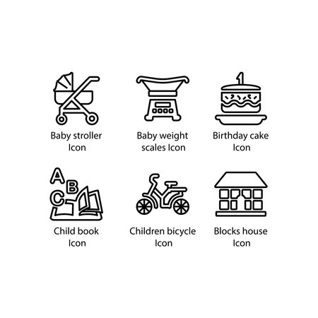 Baby stroller, weight scales, Birthday cake, Child book, Children bicycle, Blocks house, iconのイラスト素材