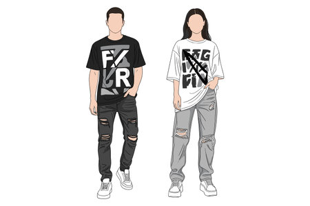 Vector illustration of a man and a woman in a T-shirt and jeansのイラスト素材