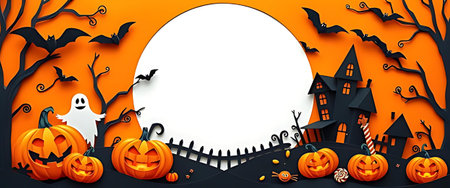 Halloween background with pumpkins and ghosts. Paper art style. Vector illustration.の写真素材