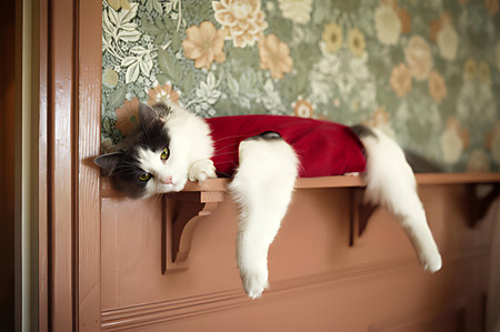 Domestic cat is lounging. Cat is wearing red jumper on shelf.の写真素材