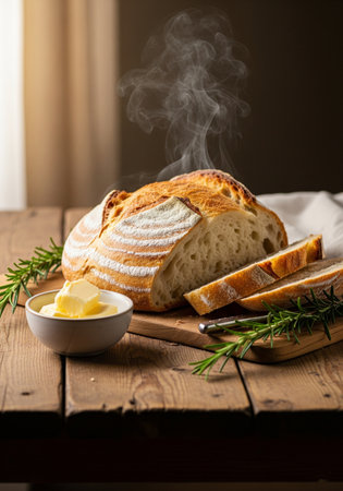 loaf of bread with butter and rosemary on a wooden table