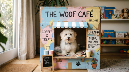 Cute dog in pet shop, space for text. Dog shop concept