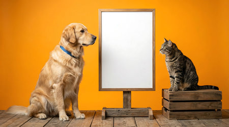 Golden Retriever dog and cat sitting next to a blank whiteboard.
