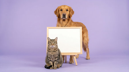 A cat and a dog sitting next to an easel on a purple background.
