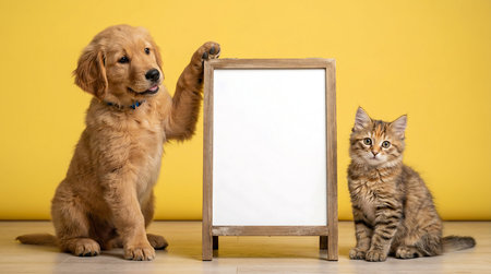 Cute cat and golden retriever puppy with blank board on yellow background