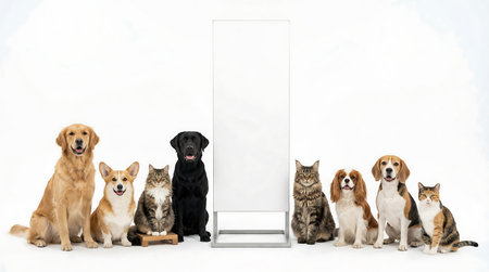 Group of dogs and cats with blank placard isolated on white background