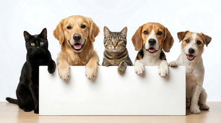 Group of dogs and cats in a row with white board isolated on white background