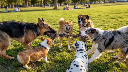 Group of dogs playing with a stick in the park. Selective focus.