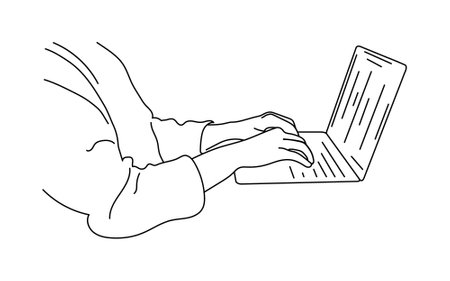 Vector line drawing of professional worker hand and laptop and writing work plan for office on laptop on white backgroundのイラスト素材