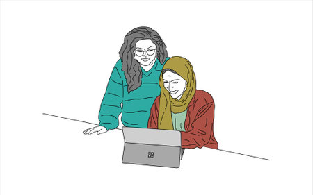 Corporate vector design art of two woman working on project and discuss about the work on colorized dress and hair on white backgroundのイラスト素材