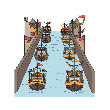 Traditional gondolas on the canal in Venice, Italy. Vector illustrationのイラスト素材