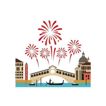 Venice Italy city skyline with fireworks. Vector illustration in flat styleのイラスト素材