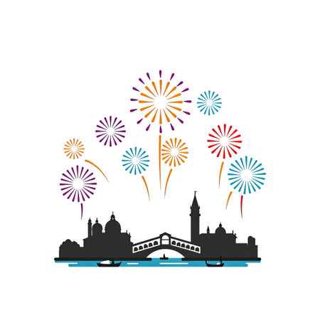 Fireworks over the city skyline. Vector illustration in flat style.のイラスト素材