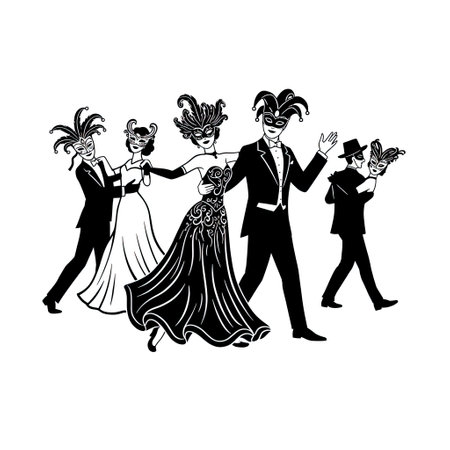 Carnival party. Black and white vector illustration of dancing peopleのイラスト素材