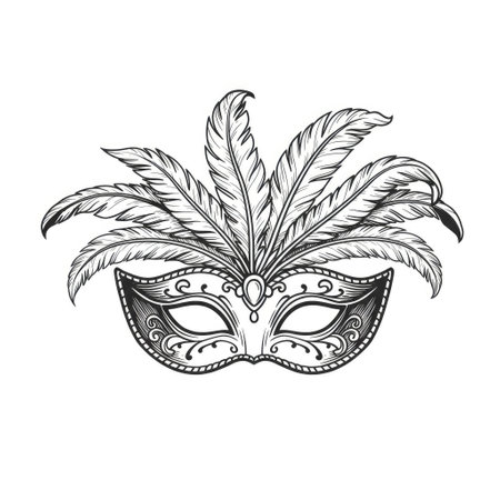 Mardi gras mask with feathers. Black and white vector illustration.のイラスト素材