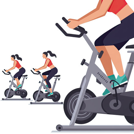 Fitness and healthy lifestyle. Woman riding stationary bike vector illustration.のイラスト素材
