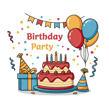 birthday party card with cake and gift box vector illustration graphic designのイラスト素材