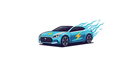 Illustration of a blue sports car with a lightning bolt on a white backgroundのイラスト素材