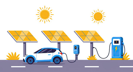 Solar panels and electric car. Vector illustration in flat design style.のイラスト素材