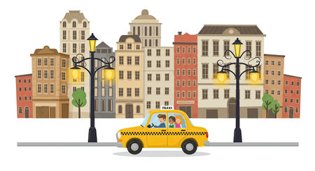 Taxi in the city. Vector illustration on a white background.のイラスト素材