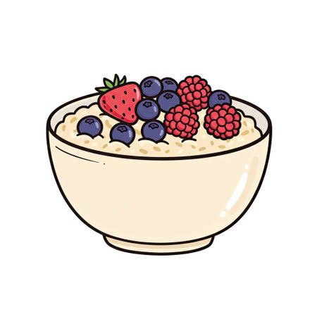 Bowl of oatmeal with berries. Vector illustration in doodle style.のイラスト素材