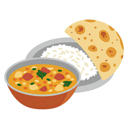 Illustration of a bowl of curry with rice and naan breadのイラスト素材