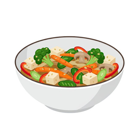Noodles with tofu and vegetables in a bowl. Vector illustration
