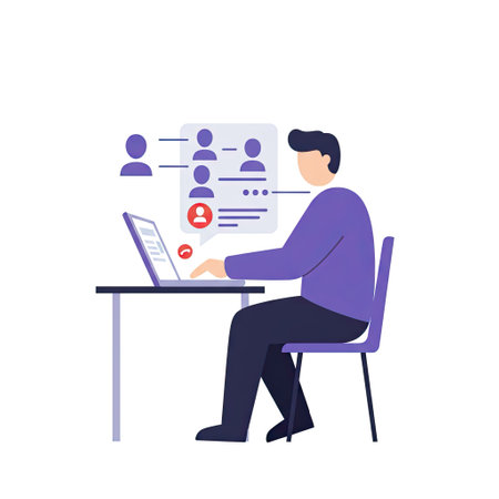 Man working at the computer, sitting at the desk. Vector illustration in flat styleのイラスト素材