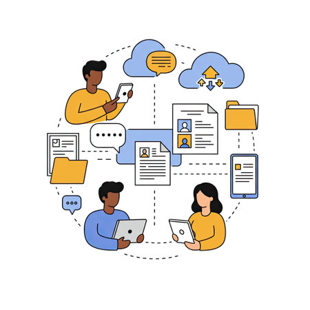 Vector illustration of people with mobile devices and cloud computing. Flat style design.のイラスト素材