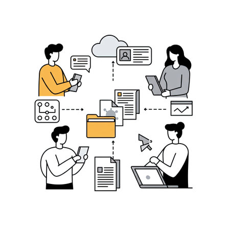 Social media and digital marketing concept. People with laptops, smartphone and tablet.のイラスト素材