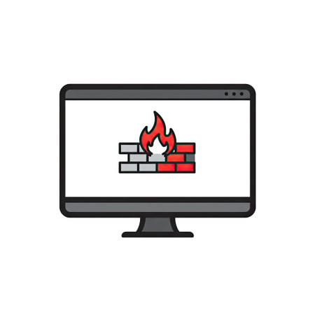 computer with firewall icon over white background, line color style, vector illustrationのイラスト素材