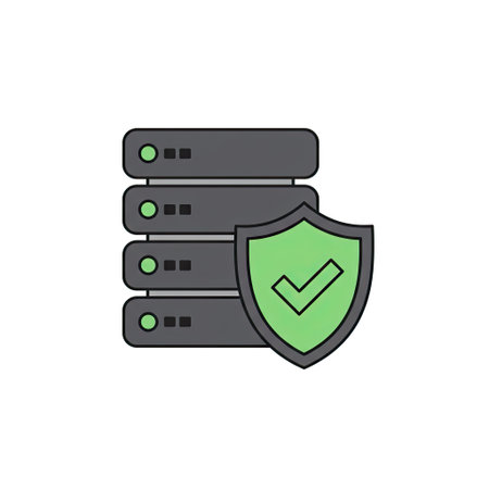 Data center security concept. Server with shield icon. Vector illustration.