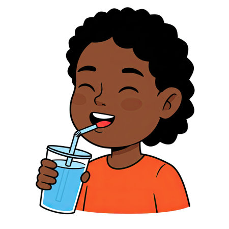 Illustration of a Little Black Girl Drinking a Blue Cup of Juiceのイラスト素材