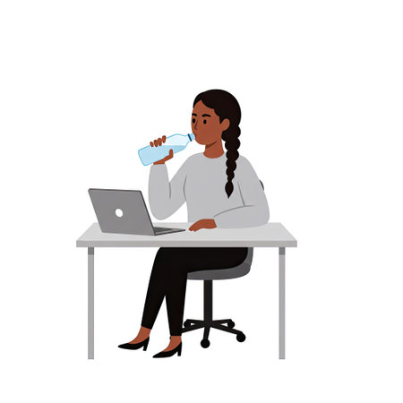 Businesswoman drinking water from a bottle sitting at the desk with laptop. Vector illustration.のイラスト素材