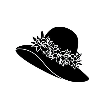 silhouette of hat with flowers and leafs decoration vector illustration designのイラスト素材