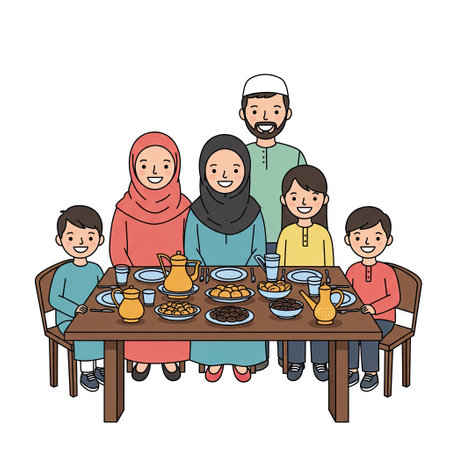 muslim family at dining table cartoon vector illustration graphic design vector illustration graphic designのイラスト素材